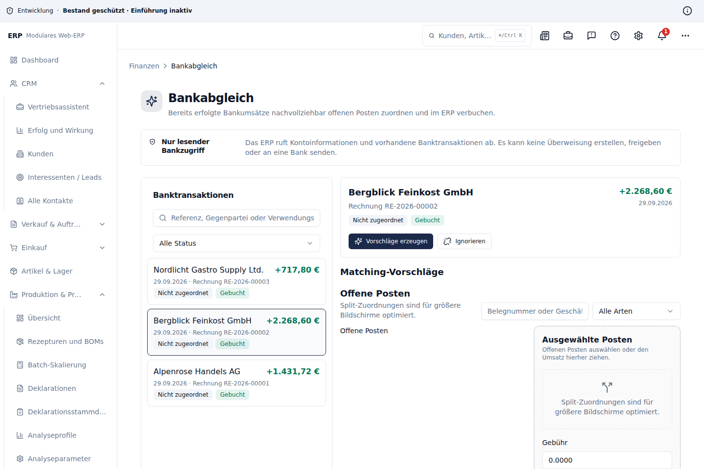 Bankabgleich mit Transaktionen und passenden offenen Posten