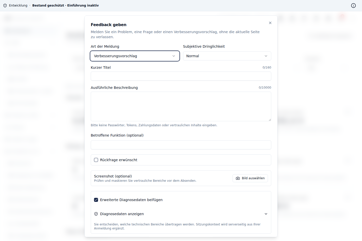 Feedback-Dialog mit strukturierter Fehlermeldung und Diagnosevorschau