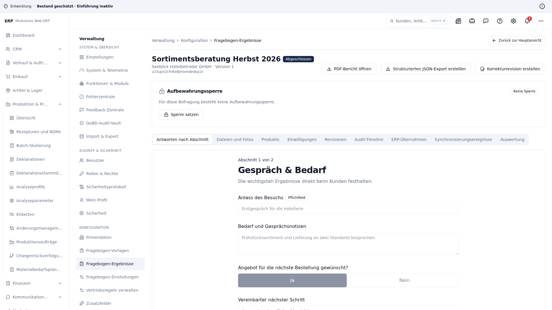 Ergebnis und Nachbearbeitung eines Außendienstvorgangs