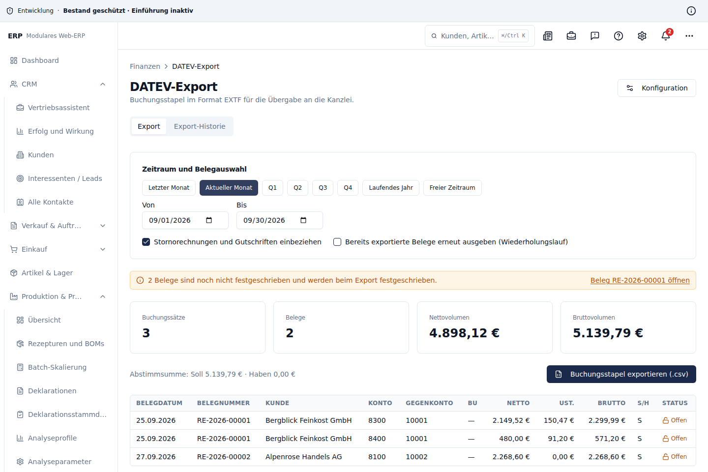 DATEV-Export mit Vorschau und Historie