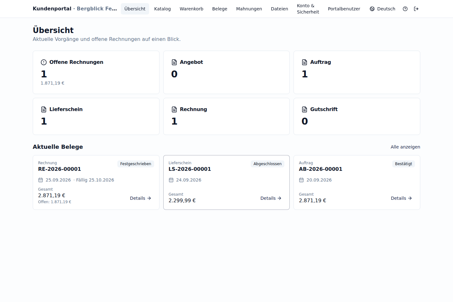 Dashboard des sicheren ERP-Kundenportals
