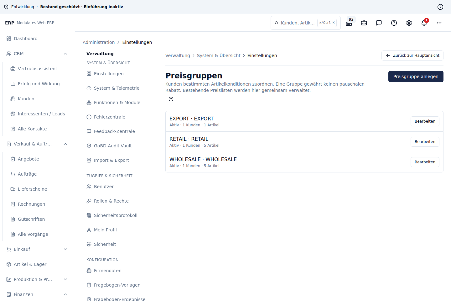 Zentraler Preisgruppenkatalog