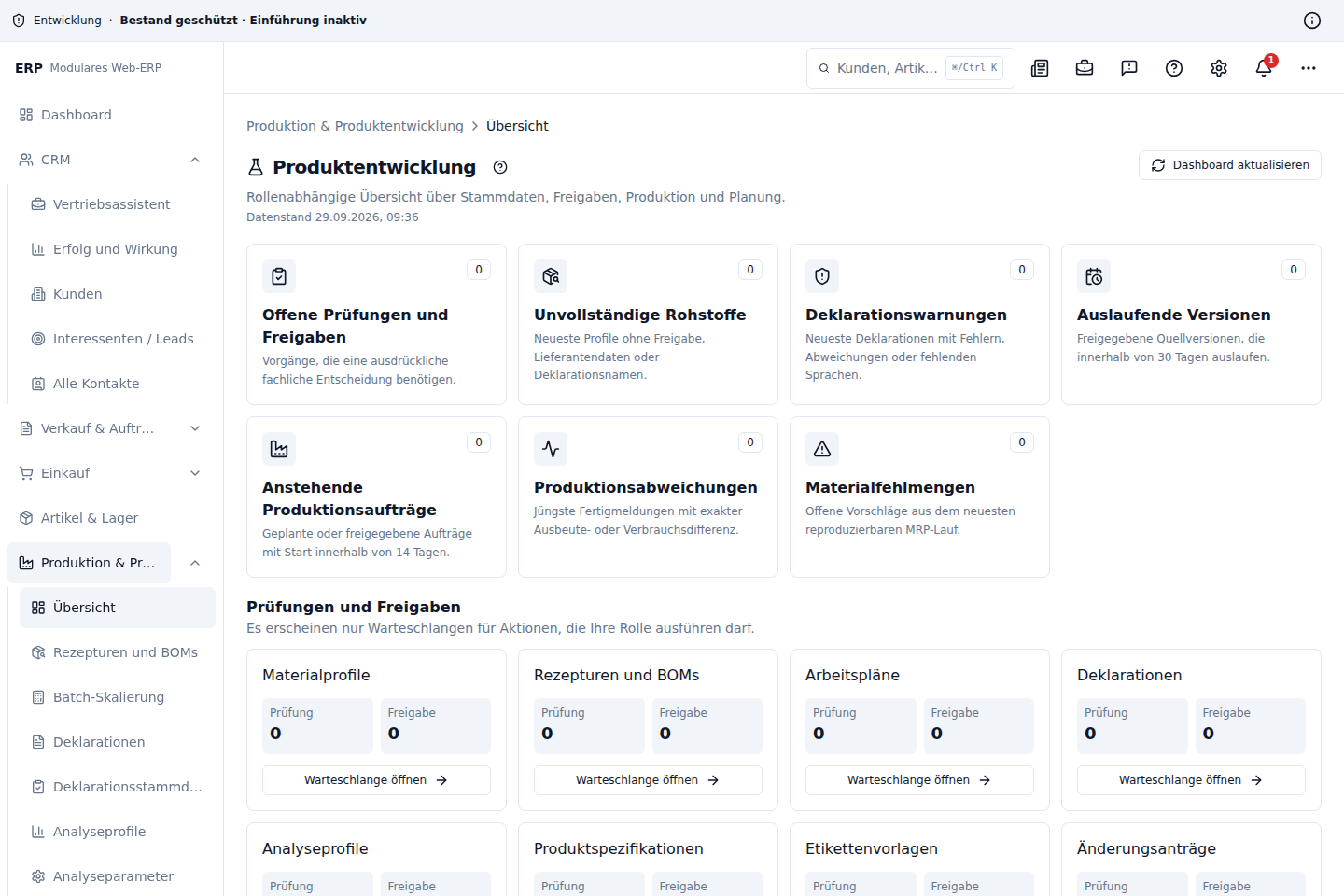 Produktentwicklungs-Cockpit mit Freigaben, Warnungen, MRP und Produktion