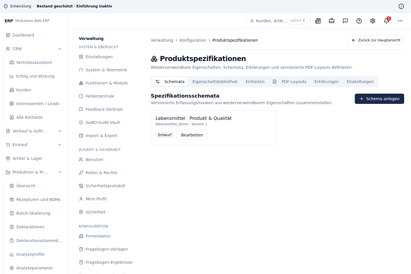 Administration für Produktspezifikationen