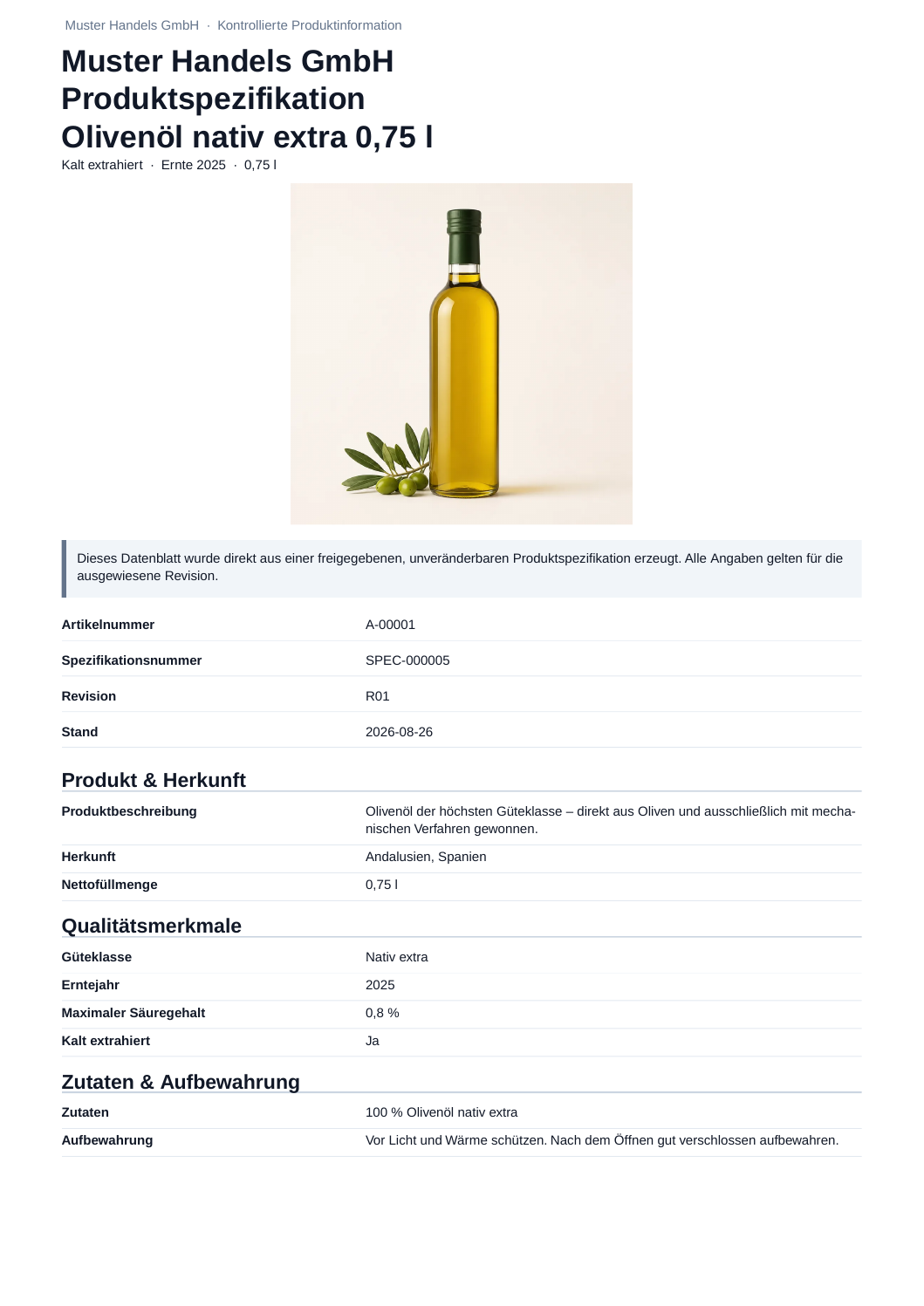 Einseitiges Beispiel einer veröffentlichten Produktspezifikation für Olivenöl