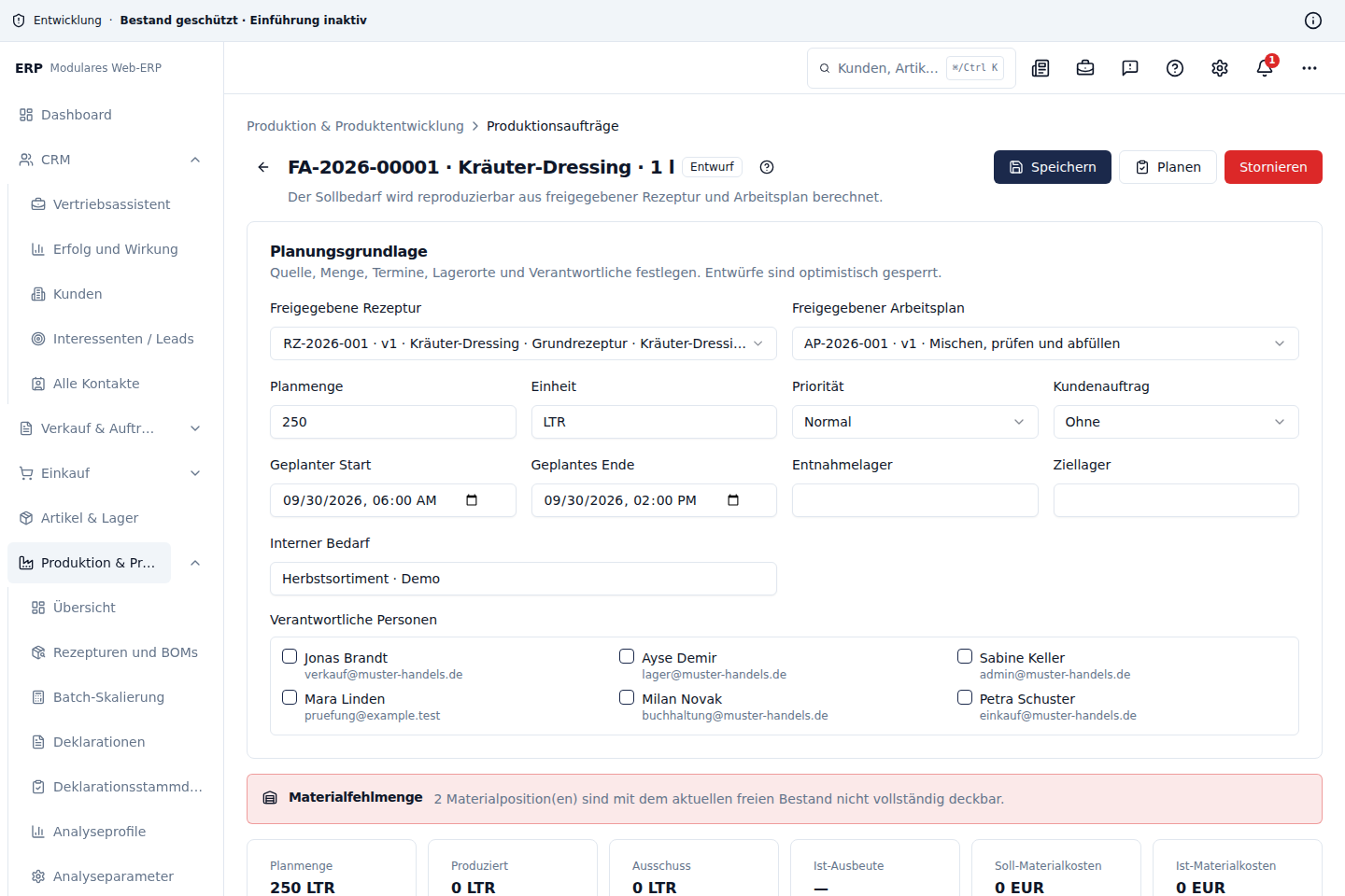 Produktionsauftrag mit Materialverbrauch, Kosten und Ausbeute