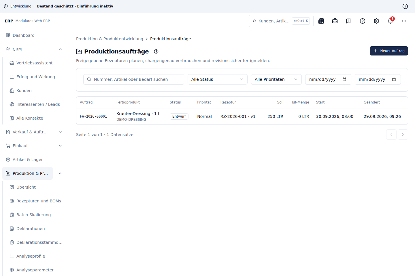 Produktionsauftragsliste mit Status, Priorität und Mengen