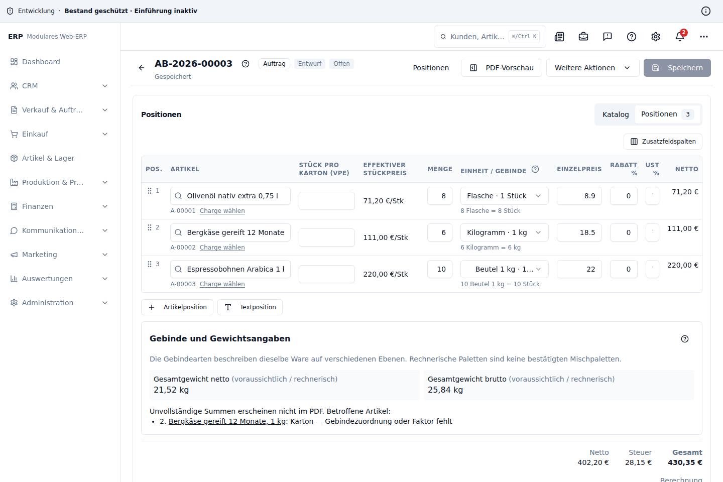 Auftragspositionen aus dem visuellen Produktkatalog
