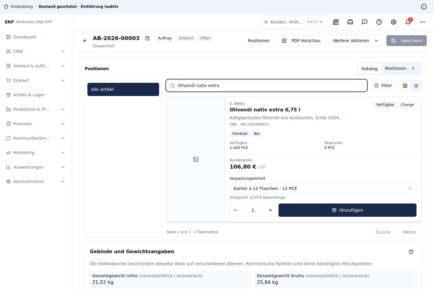 Visueller Produktkatalog beim Erstellen eines neuen Auftrags