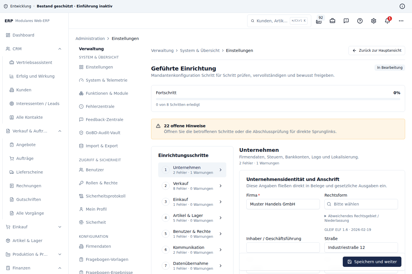 ERP-Einrichtungsassistent mit acht Fachschritten